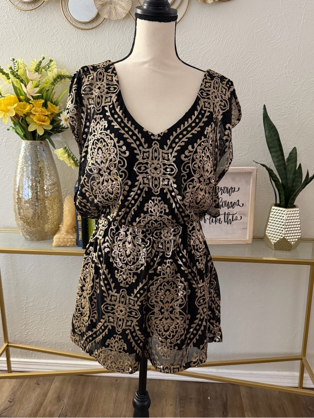 Soulmates Black and Gold Short Sleeve Lace-Overlay Romper